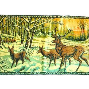 Deer Forest Long Tapestry Wall Hanging  Scenic Winter Landscape Vintage Woven